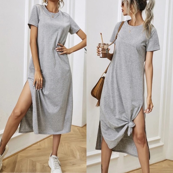 Minimalist midi tee shirt dress slit short sleeve - Picture 5 of 6